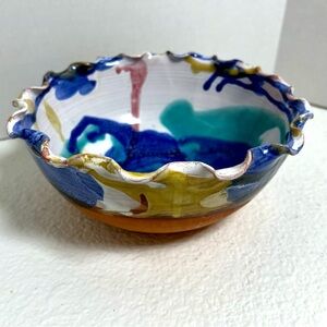 Hanmade Colorful Glazed Pottery Decorative Unique Bowl Ruffle Edges Boho Natural